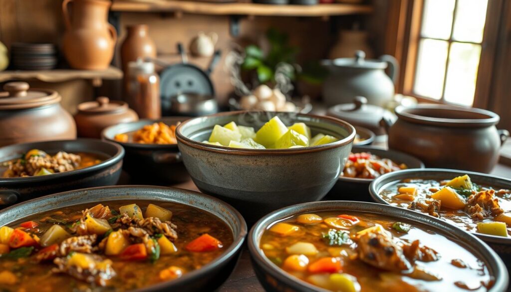 A steaming bowl of chayote soup sits at the center, its vibrant green cubes floating in a clear, aromatic broth. Surrounding it, an assortment of hearty chayote stews, each with its own unique blend of spices and vegetables. In the background, a rustic kitchen scene with wooden shelves, clay pots, and a warm, natural light filtering through a window. The overall atmosphere is cozy, homey, and inviting, perfectly capturing the comforting essence of these easy-to-prepare chayote dishes.