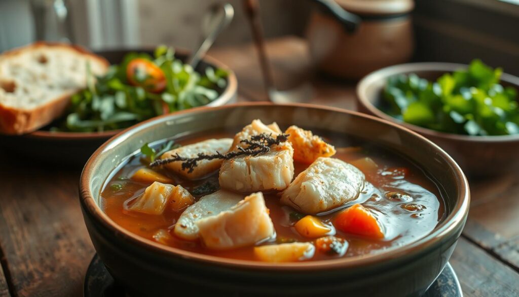 A steaming bowl of savory rockfish stew, with tender chunks of succulent rockfish, aromatic vegetables, and a rich, flavorful broth. The stew is illuminated by warm, natural lighting, casting a cozy, inviting glow. In the background, a rustic kitchen table set with crusty bread and a simple green salad, creating a wholesome, homemade scene. The composition is shot from a slightly elevated angle, emphasizing the depth and layering of the dish. The overall mood is one of comforting, nourishing simplicity, capturing the essence of a hearty, homemade rockfish soup or stew.