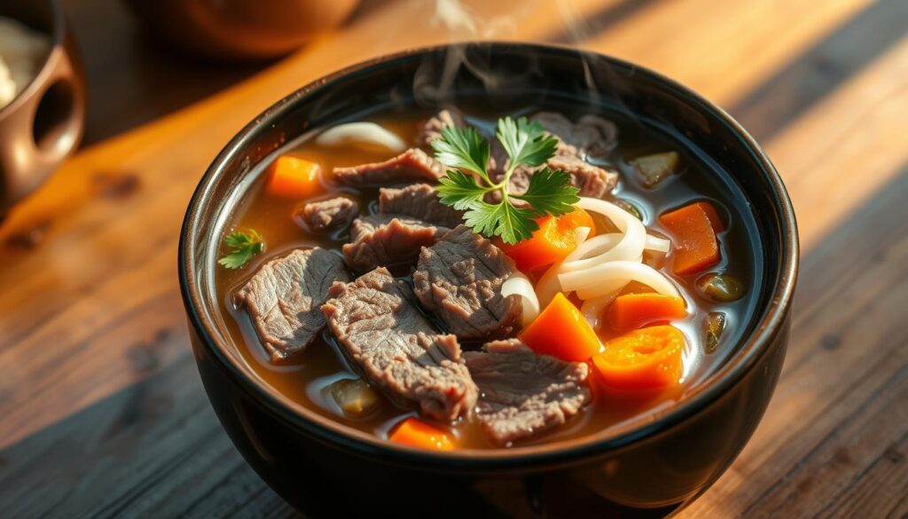 A steaming bowl of savory shaved beef soup, the broth glistening with a rich, meaty essence. Tender slices of beef, their edges delicately curled, float amidst a medley of earthy vegetables - fragrant onions, fragrant ginger, and vibrant carrots. The scene is bathed in a warm, inviting light, casting a golden glow over the comforting dish. A sprig of fresh cilantro adds a final touch of vibrant greenery, completing the welcoming, homemade atmosphere. This hearty, soul-nourishing soup embodies the essence of comfort and satisfaction.