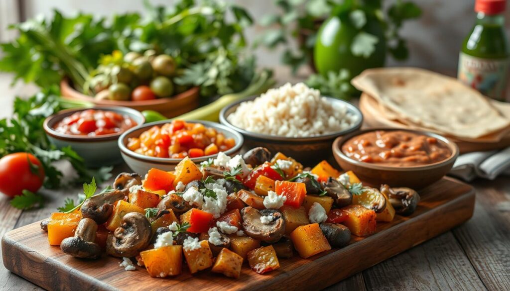 A still life arrangement featuring an array of complementary dishes and ingredients to accompany a hearty calabacitas recipe. In the foreground, a wooden board laden with roasted vegetables, sautéed mushrooms, and crumbled queso fresco. In the middle ground, steaming bowls of fragrant rice and tangy red salsa. Behind them, a lush background of fresh herbs, warm tortillas, and a bottle of vibrant green tomatillo sauce. Soft natural lighting casts a cozy glow, creating an inviting and authentic Mexican dining scene.