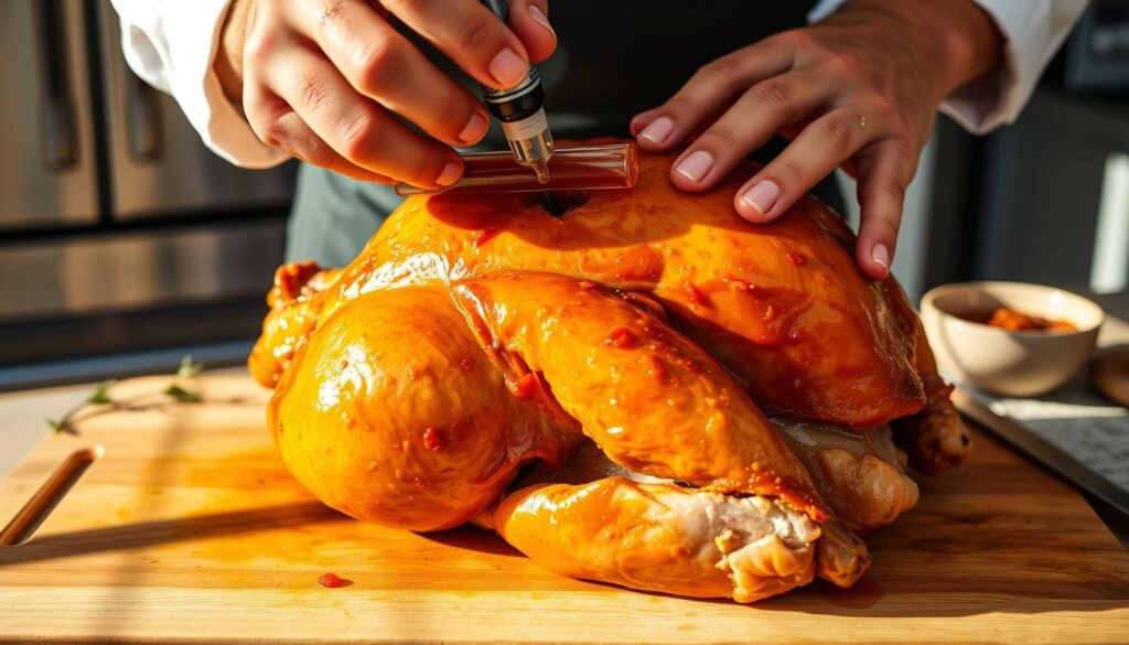 A succulent, golden-brown turkey sits atop a wooden cutting board, its skin glistening with a delicate glaze. A chef's hands carefully inject a savory marinade into the breast, ensuring every bite is moist and flavorful. The scene is illuminated by warm, natural lighting, casting soft shadows that accentuate the turkey's contours. In the background, a rustic kitchen setting with stainless steel appliances and a few herbs or spices adds to the culinary atmosphere. The overall image conveys the expertise and attention to detail required to create a truly exceptional, injection-basted turkey for a memorable holiday feast.