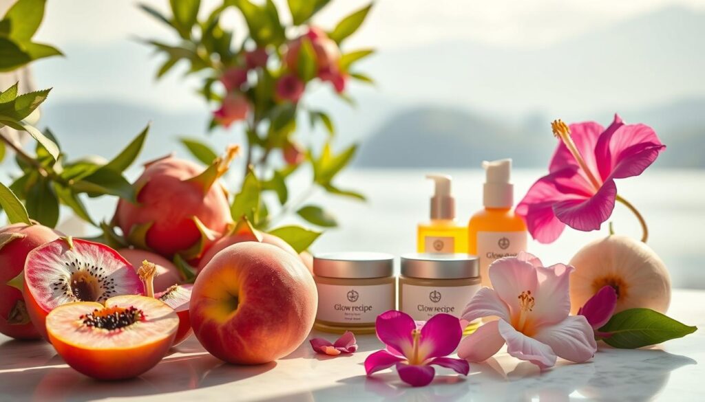A tranquil, botanical still life showcasing the natural ingredients behind Glow Recipe's skincare products. In the foreground, an array of lush, ripe fruits and vibrant flowers - peaches, dragon fruit, hibiscus, and jasmine - artfully arranged on a clean, marble surface. Backlit by soft, diffused natural light, casting delicate shadows and imbuing the scene with a warm, glowing ambiance. In the middle ground, jars and bottles of Glow Recipe's signature formulas, their labels prominently displayed. The background features a serene, out-of-focus landscape, hinting at the natural environments from which these ingredients are sourced. The overall composition and color palette convey a sense of freshness, purity, and the inherent radiance of K-beauty.