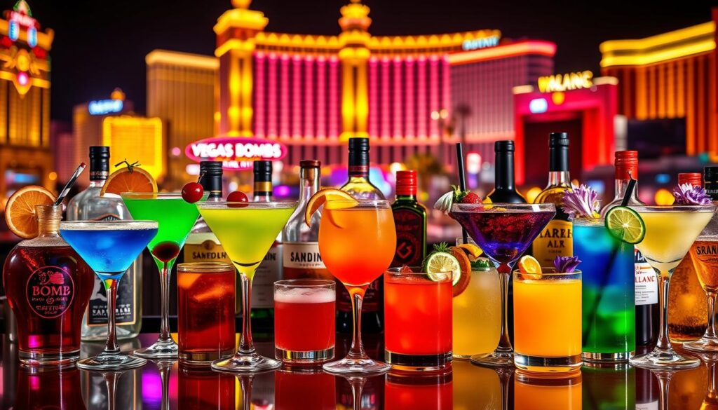 A vibrant assortment of Vegas Bomb cocktail variations presented in a visually striking composition. In the foreground, an array of cocktail glasses filled with colorful liquids, adorned with creative garnishes like cherries, orange slices, and edible flowers. The middle ground showcases a range of liquor bottles and mixers, capturing the essential ingredients that make up these captivating cocktails. The background features a dynamic, neon-lit cityscape of Las Vegas, with the iconic Strip skyline illuminating the scene with a lively, energetic atmosphere. The lighting is bold and dramatic, casting vivid reflections across the glassware and surfaces. The overall image conveys the playful, indulgent spirit of the Vegas Bomb, inviting the viewer to explore the diverse interpretations of this signature cocktail.