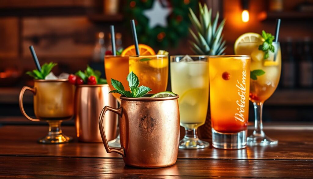 A vibrant display of Kentucky Mule variations, captured in a warm, inviting atmosphere. In the foreground, a classic copper mug filled with the signature drink, complete with a lime wedge garnish. Surrounding it, an array of complementary cocktails - a Moscow Mule in a matching copper vessel, a Ginger Mule with a hint of spice, and a refreshing Pineapple Mule. Backlit by soft, ambient lighting, the drinks are set against a backdrop of rustic wooden surfaces, evoking the cozy ambiance of a quaint bar. The scene exudes a sense of indulgence and celebration, perfect for the festive Grinch Punch holiday gathering.