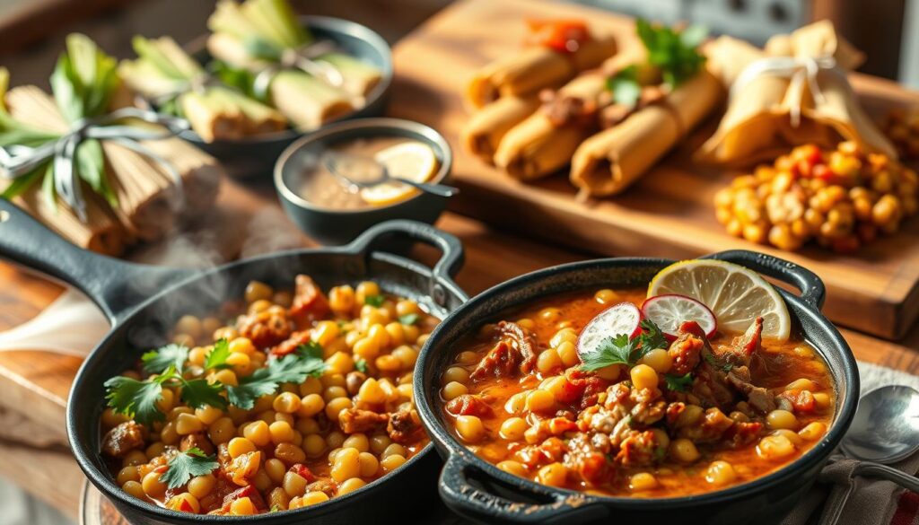 A vibrant still life capturing an assortment of unique hominy recipes. In the foreground, a rustic cast-iron skillet sizzles with a savory hominy and chorizo hash, garnished with fresh cilantro. In the middle ground, a steaming bowl of hominy-based posole stew, its rich broth adorned with tender pork, radish, and lime wedges. The background features a wooden board showcasing a variety of hominy-centric dishes, from tamales wrapped in corn husks to a hearty hominy and vegetable casserole. Warm, natural lighting illuminates the scene, evoking a cozy, inviting atmosphere in the kitchen. The composition is balanced, with each element contributing to the overall showcase of creative and appetizing hominy-based main dishes.