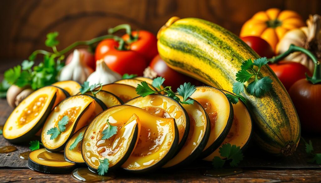 A vibrant still life showcasing the nutritional wonders of calabacitas (Mexican squash). In the foreground, an artfully arranged composition of freshly sliced calabacitas, drizzled with olive oil and garnished with sprigs of cilantro. In the middle ground, a selection of complementary ingredients like Roma tomatoes, red onions, and cloves of garlic, bathed in warm, golden lighting. The background features a rustic wooden surface, hinting at the homemade, wholesome nature of this versatile vegetable. The overall scene evokes a sense of health, vitality, and the flavorful benefits of this classic Southwestern ingredient.