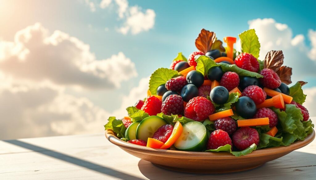 A vibrant, well-balanced pokemon sleep salad overflows with a colorful array of fresh, nourishing ingredients. Plump, ripe berries in shades of deep purple and scarlet nestle between crisp, emerald leaves. Sliced cucumbers and carrots in a medley of hues add crunch and vitamins. Wisps of fluffy white clouds drift through a soft, azure sky, illuminated by warm, golden sunshine that casts gentle shadows across the table. The salad is served on a simple, earthy ceramic plate, inviting the viewer to savor its healthful delights. An aura of serenity and wellbeing pervades the scene, reflecting the nourishing balance of this nutritious pokemon sleep salad.