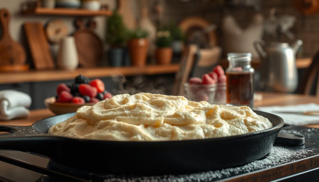 A warm, cozy kitchen scene. In the foreground, a pile of fluffy, golden-brown hotcake mix sizzles on a cast-iron skillet, steam rising and enticing aromas filling the air. The batter gently bubbles, creating a mesmerizing texture. Soft, diffused lighting casts a gentle glow, highlighting the delicate, cloud-like appearance of the mix. In the middle ground, a rustic, wooden table is set with fresh, seasonal berries, maple syrup, and a dusting of powdered sugar, ready to dress the perfect hotcakes. The background features a cozy, charming kitchen, with warm, earthy tones and vintage-inspired decor, conveying a sense of homemade comfort and culinary delight.