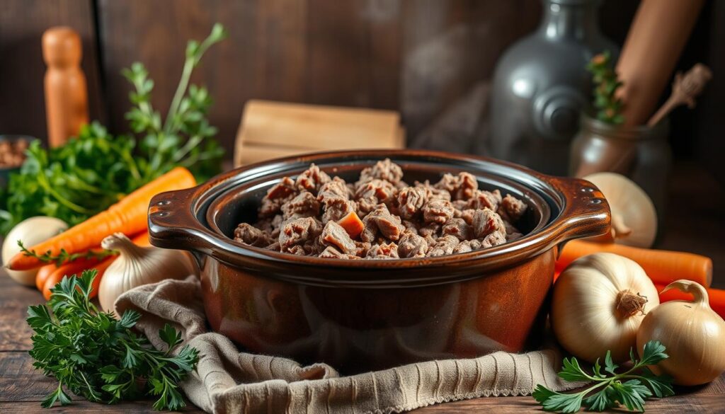 A warm, inviting still life scene of ground beef simmering in a rustic crock pot, surrounded by fresh herbs, carrots, onions, and other flavorful ingredients. The soft, diffused lighting casts a cozy glow, highlighting the rich, dark brown hue of the beef and the vibrant colors of the vegetables. The composition is balanced, with the crock pot positioned as the central focus, allowing the viewer to imagine the delicious aroma and comforting texture of the hearty dish. The overall mood is one of homemade comfort and simple, wholesome cooking.