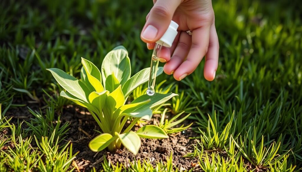 A well-lit, close-up shot of a person's hand carefully applying a vinegar-based weed killer solution to the soil around a thriving green weed, with the weed's broad leaves and stems visible in the foreground. The background shows a lush, vibrant lawn, indicating the vinegar's selective targeting. The lighting is soft and natural, highlighting the delicate application process. The image conveys a sense of precision, care, and an understanding of the optimal frequency for using this homemade, eco-friendly weed control method.