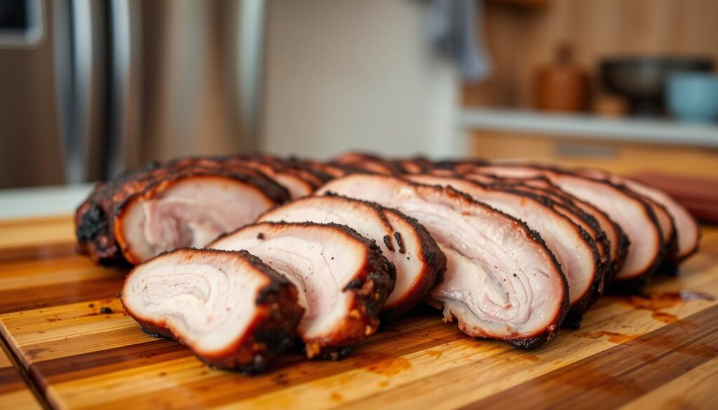 A well-lit, close-up view of a wooden surface or cutting board, showcasing neatly arranged slices of smoked pork loin. The meat should have a rich, caramelized exterior and a moist, pink interior, suggesting proper smoking and resting techniques. In the background, a simple, neutral-toned kitchen setting, with hints of stainless steel appliances or wooden cabinetry to provide context. The overall mood should convey a sense of culinary expertise and the importance of properly storing and preserving the flavorful smoked pork loin for future enjoyment.