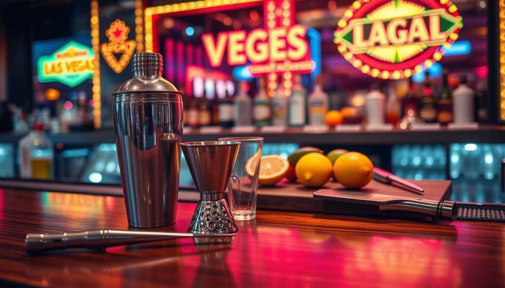 A well-lit, high-resolution close-up photograph of a bar counter with an assortment of cocktail-making tools neatly arranged. In the foreground, a shaker, a jigger, and a muddler sit atop a polished wooden surface. Behind them, a cutting board with a sharp knife and an array of fresh citrus fruits. In the background, a mirrored bartop reflects the vibrant, neon-lit ambiance of a classic Las Vegas lounge. The image conveys a sense of bartending expertise and the craftsmanship required to create the perfect Vegas Bomb cocktail.