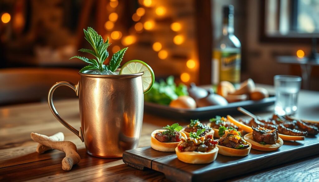A well-lit, intimate table setting featuring a Kentucky Mule cocktail in a copper mug, accompanied by a selection of complementary garnishes and small bites. In the foreground, a slice of lime, a sprig of mint, and a few candied ginger pieces adorn the drink. In the middle ground, an assortment of savory hors d'oeuvres, such as mini beef sliders, crispy pork belly bites, and roasted vegetables, are artfully arranged. The background showcases a cozy, rustic ambiance with warm, soft lighting and a neutral-toned backdrop, creating a harmonious and inviting atmosphere.