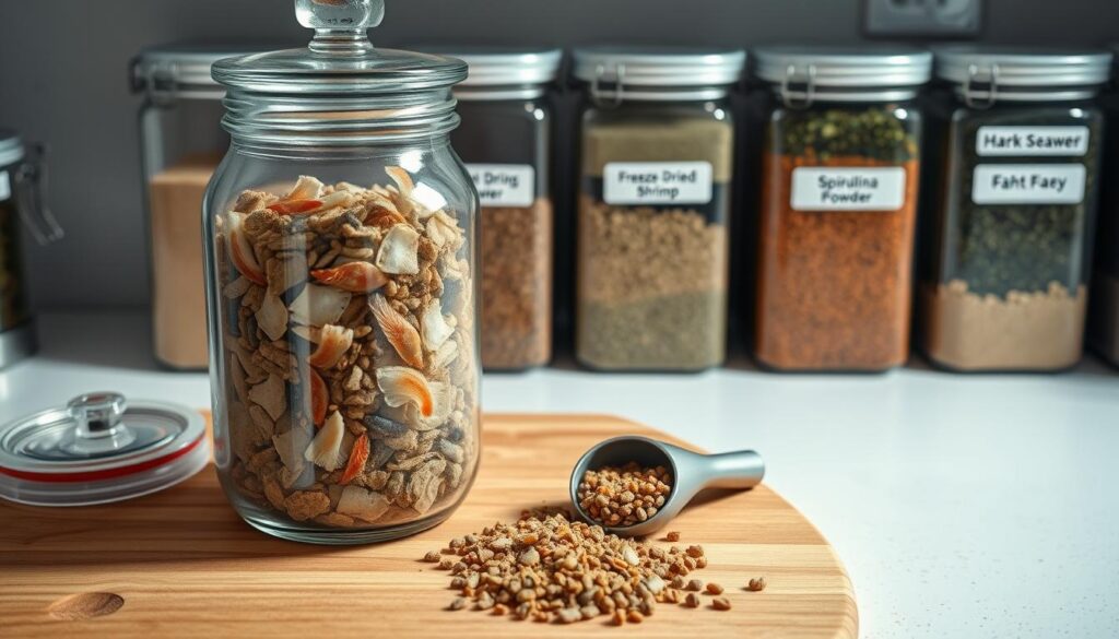 A well-lit kitchen counter with a glass jar filled with dry fish flakes, pellets, and granules. The jar has a tight-fitting lid and is placed on a wooden cutting board, accompanied by a small scoop. In the background, a row of neatly labeled storage containers holding various types of homemade fish food ingredients, such as freeze-dried shrimp, spirulina powder, and crushed seaweed. The overall scene conveys a sense of organization, cleanliness, and a dedication to properly storing and maintaining a healthy fish diet.