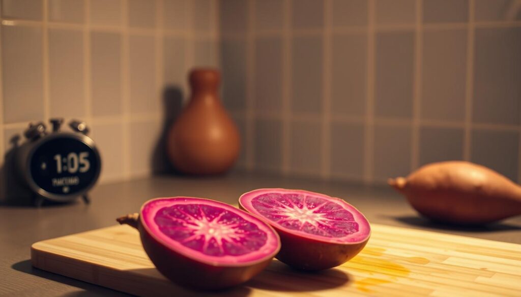 A well-lit kitchen countertop, a cutting board, and a purple sweet potato. The vegetable is halved, revealing its vibrant, velvety interior. A timer ticks away on the counter, a gentle reminder to avoid overcooking. Warm, soft lighting casts a cozy glow, illuminating the scene. The sweet potato's skin is smooth and unblemished, hinting at its perfect state of doneness. A sense of culinary care and attention to detail pervades the frame, capturing the importance of properly cooking this delicate ingredient.