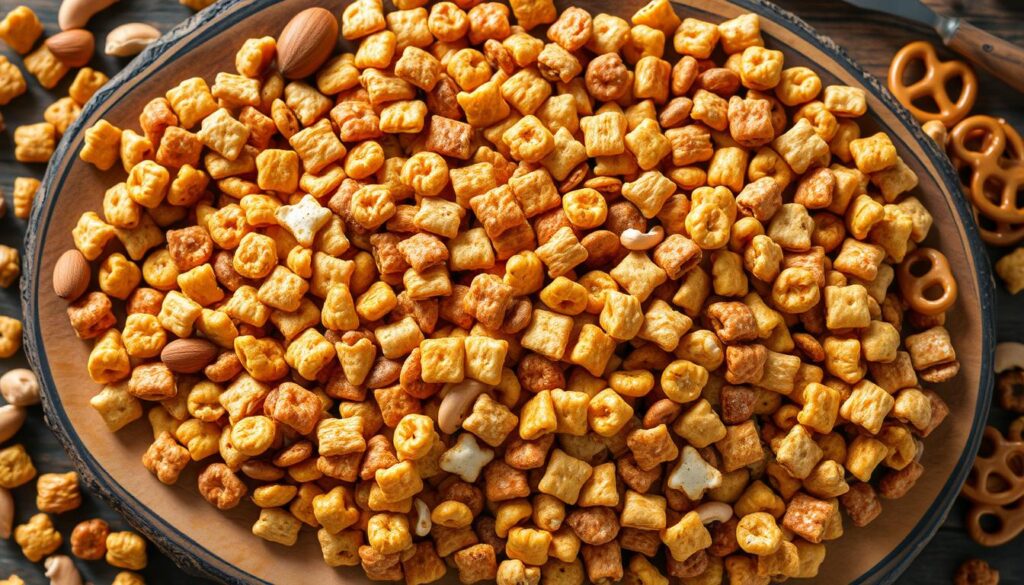A well-stocked, rustic wooden platter overflows with an assortment of Chex Mix: golden-brown clusters of toasted wheat, corn, and rice Chex, seasoned with savory spices and a hint of butter. Scattered around the edges are roasted almonds, cashews, and bite-sized pretzels, creating a visually appealing and texturally diverse snack. Soft, natural lighting illuminates the scene, casting warm shadows and highlighting the crisp, snackable elements. The composition is balanced, with the Chex Mix taking center stage, inviting the viewer to grab a handful and indulge in this perfect game day treat.