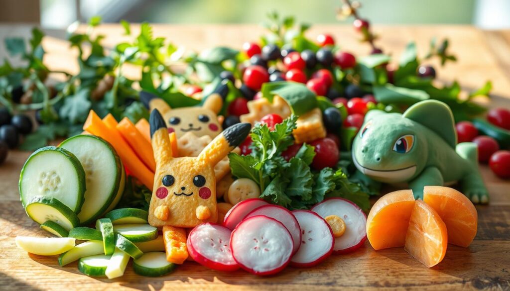 A whimsical still life of Pokemon-themed salad ingredients artfully arranged on a wooden table. In the foreground, neatly sliced vegetables and fruits - Squirtle-shaped cucumber slices, Pikachu-inspired carrot sticks, and Jigglypuff-pink radish discs. The midground features Magikarp-shaped crackers and Bulbasaur-colored leafy greens. In the background, a scattering of berries and herbs creates a lush, natural backdrop. Soft, natural lighting illuminates the scene, casting gentle shadows and highlighting the vibrant colors. The overall presentation is both playful and appetizing, inviting the viewer to imagine a delicious and healthy Pokemon-inspired salad.