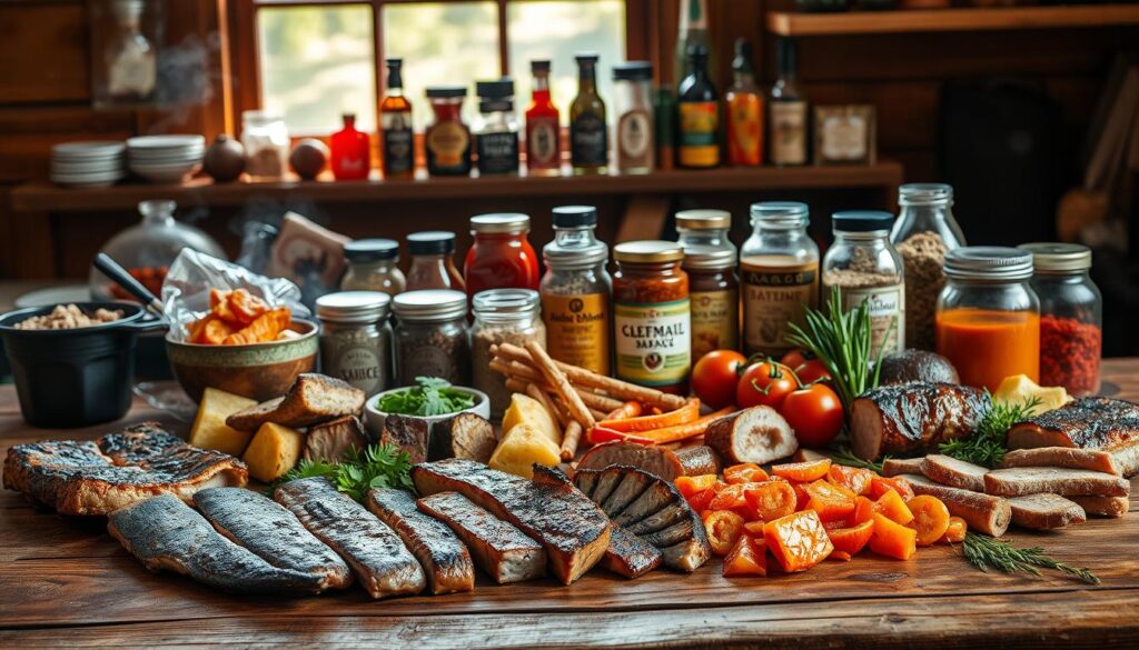 An array of smoker recipes from around the world, presented on a rustic wooden table. In the foreground, various cuts of meat, fish, and vegetables are arranged artfully, their smoky aromas wafting through the air. In the middle ground, an assortment of spices, sauces, and seasonings in vintage glass jars, each representing a different culinary tradition. The background features a warm, natural lighting filtering through a window, casting a soft glow on the scene. The overall atmosphere is one of international culinary exploration, inviting the viewer to delve into the diverse flavors and techniques of global smoker cuisine.