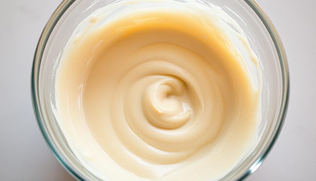 An evenly mixed, homemade hotcake batter with a silky, pourable consistency sits in a medium-sized glass bowl. The batter has a slightly glossy sheen, with a smooth and creamy texture that gently ripples as the bowl is tilted. The lighting is soft and diffuse, casting gentle shadows that highlight the batter's luxurious, velvety appearance. The background is blurred, allowing the bowl of batter to be the sole focus, inviting the viewer to imagine the delicious pancakes that could be made from this perfectly prepared mix.