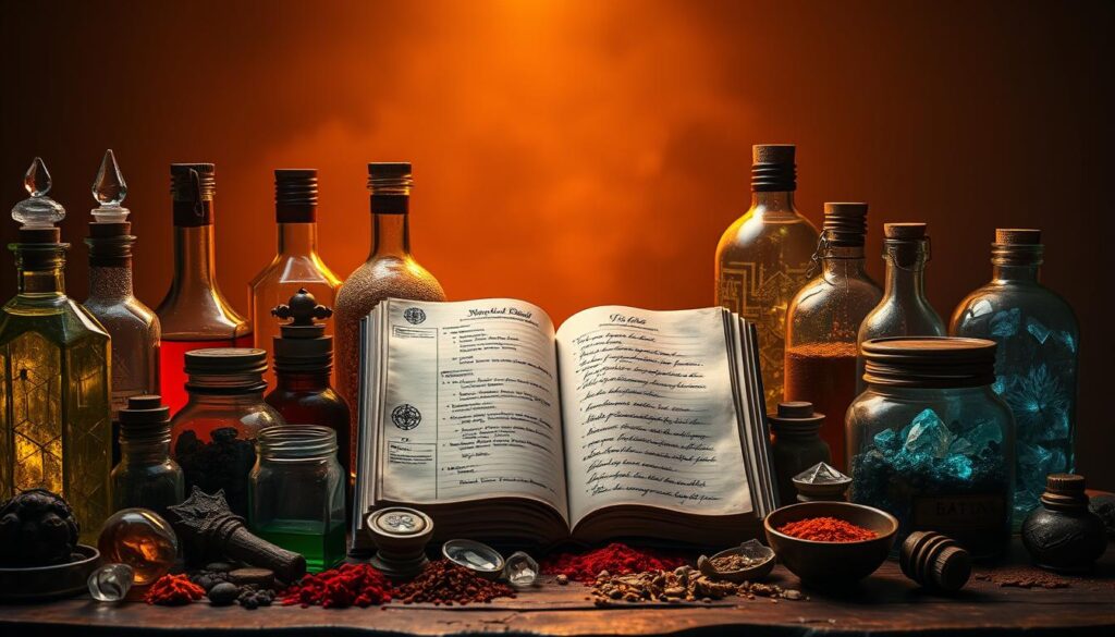 Destiny recipes modifiers: a vibrant still life composition showcasing a variety of mystical ingredients and seasoning containers. In the foreground, an array of bottles and jars filled with shimmering liquids, exotic spices, and glowing crystals. In the middle ground, a well-worn cookbook lies open, its pages revealing arcane symbols and handwritten notes. The background is softly lit, creating a moody, otherworldly atmosphere that evokes the magical realm of Destiny. The lighting is warm and dramatic, casting deep shadows and highlights that accentuate the mystical nature of the scene. The overall composition is balanced and visually striking, inviting the viewer to imagine the powerful culinary creations that can be crafted from these mysterious ingredients.