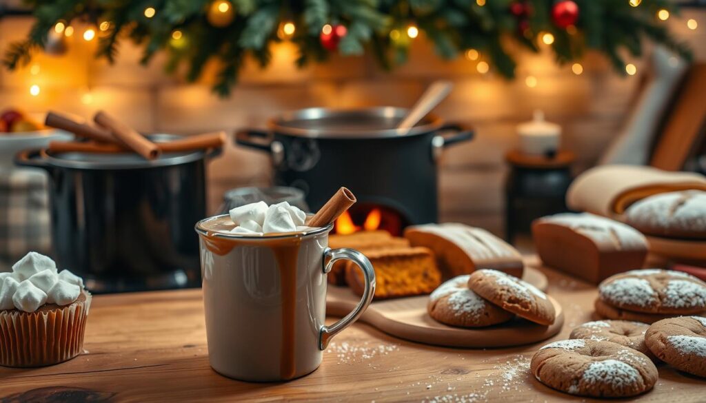 Seasonal Destiny recipes, captured in a warm, cozy kitchen scene. In the foreground, steaming mugs of hot chocolate, garnished with marshmallows and cinnamon sticks, sit atop a rustic wooden table. Surrounding them, an array of freshly baked goods - pumpkin spice cupcakes, cranberry-orange bread, and gingerbread cookies, dusted with powdered sugar. In the middle ground, a simmering pot of mulled wine, its spices and citrus aromas filling the air. The background features a cozy fireplace, with a garland of evergreen boughs and twinkling fairy lights, creating a festive, winter wonderland atmosphere. Soft, diffused lighting casts a gentle glow, highlighting the homemade, seasonal delights.