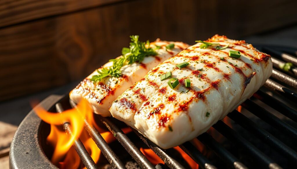 Succulent grilled rockfish filets sizzling over an open flame, a light char on the skin, glistening with a brushing of lemon-herb butter. Tender flaky white flesh contrasting with vibrant green sprigs of parsley, dill, and chives. The scene is set against a backdrop of rustic wooden planks, with a shadowy silhouette of a grill grate in the foreground. Warm, golden sunlight filters through the scene, casting a soft, natural glow. The inviting aroma of smoky, chargrilled fish fills the air, evoking the sights and smells of an outdoor summer barbecue.