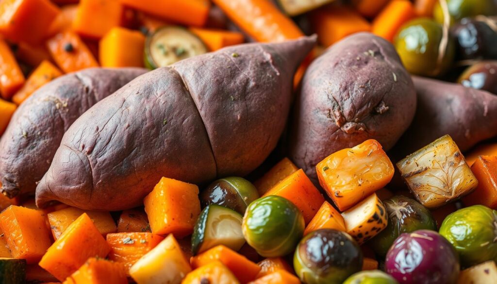 Vibrant purple sweet potatoes take center stage, nestled among a bountiful array of seasonal vegetables. In the foreground, chunks of roasted carrots, zucchini, and Brussels sprouts create a colorful tapestry. The rich, earthy tones of the purple sweet potatoes complement the varied hues, while a light dusting of herbs adds a fresh, aromatic touch. Soft, diffused lighting casts a warm glow, accentuating the natural textures and highlighting the interplay of flavors. The composition is balanced, inviting the viewer to imagine the delightful pairing of these nourishing ingredients.