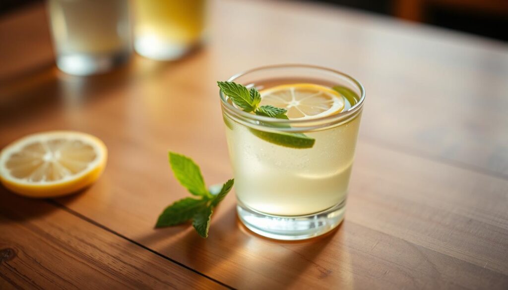 a white tea shot glass filled with clear, pale yellow liquid, sitting on a wooden table with a sprig of fresh mint leaves and a slice of lemon as garnishes, with soft, warm lighting highlighting the transparent nature of the liquid and the delicate glassware, shot from a low angle to emphasize the refinement and sophistication of the scene, conveying a sense of elegance and relaxation suitable for a special occasion