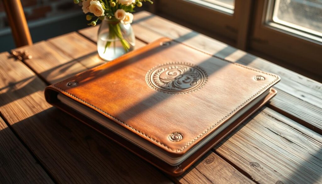 A beautifully crafted leather-bound recipe journal rests on a rustic wooden table, the afternoon light casting a warm glow across its weathered pages. The journal's cover bears an intricate embossed design, inviting the viewer to imagine the delicious recipes and culinary stories it might contain. In the background, a simple vase of fresh flowers adds a touch of natural elegance, complementing the journal's timeless appeal. The scene conveys a sense of tranquility and inspiration, setting the stage for the sharing of one's culinary creations.