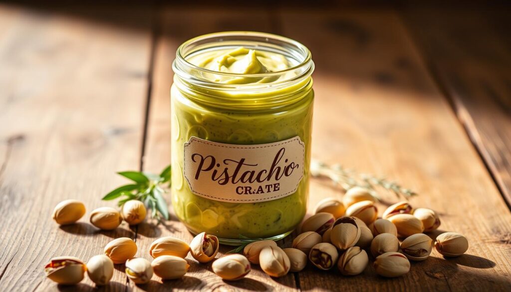 A beautifully lit glass jar filled with creamy, verdant pistachio paste sits atop a rustic wooden surface. The jar's label features delicate cursive script, hinting at the premium quality of its contents. Surrounding the jar are a scattering of whole pistachios, their shells gently cracked open, and a few sprigs of fresh, fragrant herbs. The lighting casts a warm, inviting glow, drawing the viewer's attention to the luscious, spreadable texture of the pistachio cream. The overall scene conveys a sense of artisanal, homemade indulgence, perfect for showcasing the treasured pistachio cream at the heart of this delectable recipe.