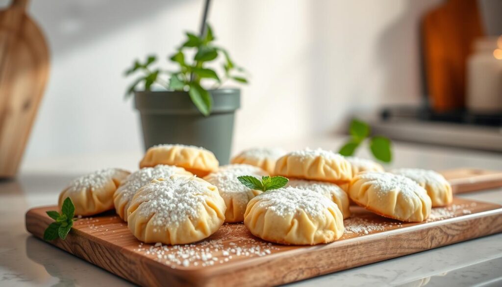 A beautifully lit kitchen counter with an assortment of simple yet elegant coconut cookies arranged in a visually appealing manner. The cookies are presented on a wooden serving board, with a light dusting of powdered sugar for a delicate touch. In the background, a potted plant and a few sprigs of fresh mint add a natural, earthy element to the scene. The lighting is soft and warm, casting a gentle glow on the cookies and enhancing their golden-brown hues. The overall composition conveys a sense of rustic sophistication, inviting the viewer to imagine savoring these mouthwatering coconut treats.