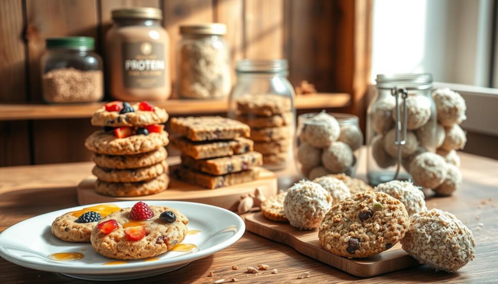 A beautifully lit tabletop scene showcasing an assortment of protein cookies in various creative shapes and flavors. In the foreground, a plate holds a stack of circular cookies with vibrant fruit toppings and drizzles of honey. Beside it, chunky protein bars with embedded nuts and seeds sit on a wooden board. In the middle ground, a glass jar contains spherical protein bites coated in shredded coconut. The background features a rustic backdrop of wooden shelves displaying jars of protein powder, nuts, and other healthy baking ingredients. Soft, natural lighting from the side casts warm shadows, highlighting the inviting texture and colors of the homemade protein treats.