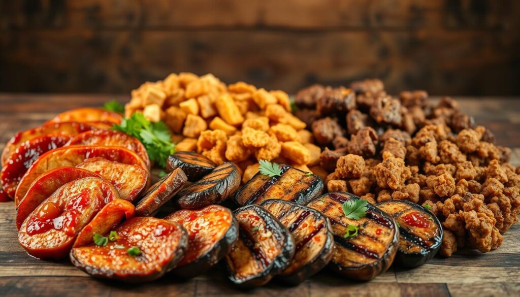 A beautifully lit, wide-angle photograph showing an array of vegan chipotle steak alternatives. In the foreground, an artful arrangement of sliced seitan, marinated tofu, and grilled portobello mushrooms, all seasoned with a vibrant chipotle marinade. The middle ground features a variety of plant-based protein sources, including jackfruit, tempeh, and lentil-based crumbles. The background blends a rustic wood surface with earthy tones, creating a warm, inviting atmosphere. The lighting is soft and diffused, highlighting the textures and colors of the vegan ingredients. Capturing the essence of a mouthwatering, protein-packed chipotle steak alternative, perfect for the "Vegan Alternatives" section of the article.