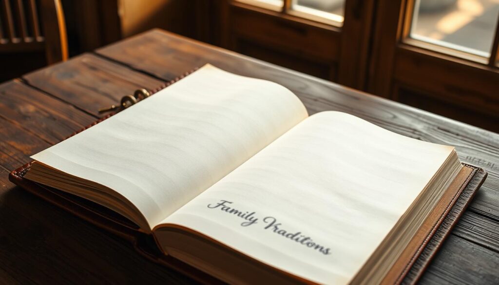 A beautifully worn leather-bound book, its cover embossed with a subtle floral pattern, lies open on a rustic wooden table. The pages are blank, their crisp white surfaces waiting to be filled with handwritten recipes and family traditions. Warm, golden light filters through a nearby window, casting a soft glow on the book and the simple yet elegant tabletop setting. The scene evokes a sense of timelessness and a connection to the past, inviting the viewer to imagine the stories and memories that will be captured within the blank pages.