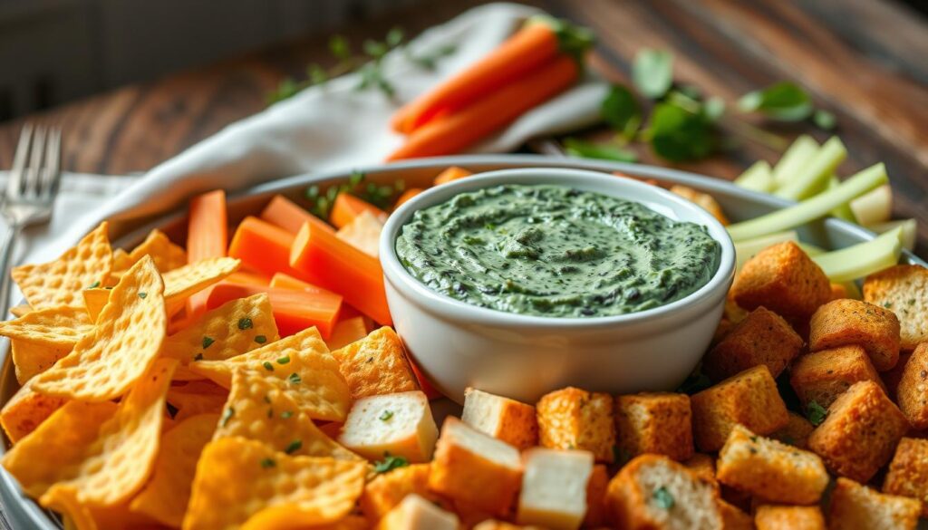 A bountiful arrangement of delectable accompaniments for Knorr's creamy and indulgent spinach dip. In the foreground, an array of crisp, golden-brown pita chips, crunchy carrot and celery sticks, and buttery, toasted bread cubes. In the middle ground, a gleaming white ceramic bowl filled with the lush, vibrant green spinach dip, surrounded by a scattering of freshly chopped herbs. The background is softly blurred, showcasing a rustic wooden table with a linen napkin and a few sprigs of fresh greenery, creating a warm, inviting atmosphere. The lighting is natural and diffused, lending a cozy, homemade feel to the scene. Captured with a wide-angle lens to emphasize the bountiful arrangement, this image perfectly conveys the delightful serving suggestions for Knorr's beloved spinach dip.