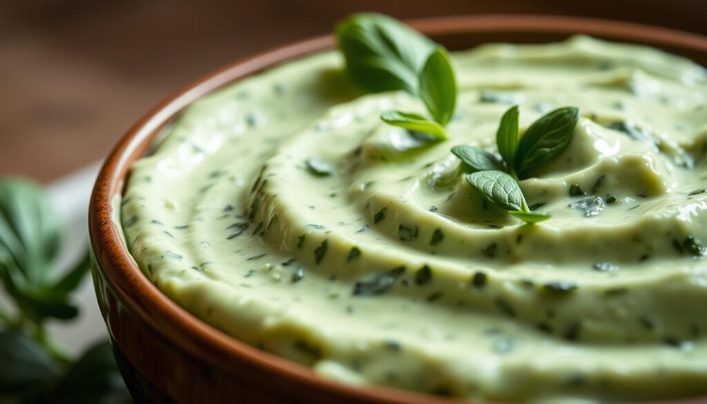 A close-up, high-resolution image of a bowl filled with a creamy, vibrant green spinach dip, garnished with small sprigs of fresh spinach leaves. The dip has a smooth, velvety texture and appears to be made with high-quality ingredients such as sour cream, cream cheese, and finely chopped spinach. The lighting is soft and natural, casting a gentle glow on the dip, and the camera angle is slightly elevated to showcase the texture and depth of the dish. The background is slightly blurred, keeping the focus on the delectable spinach dip in the foreground.