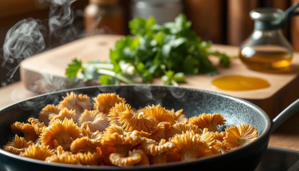 A close-up shot of a pan sizzling with delicate golden-brown lion's mane mushrooms, their intricate fringed caps glistening under the warm light of a rustic kitchen. Wisps of aromatic steam rise from the pan, mingling with the rich, earthy scent of the mushrooms. In the background, a wooden cutting board showcases vibrant green herbs, fresh vegetables, and a drizzle of golden oil, hinting at the flavorful accompaniments to come. The overall scene evokes a sense of simplicity, nourishment, and the joy of home-cooked meals.
