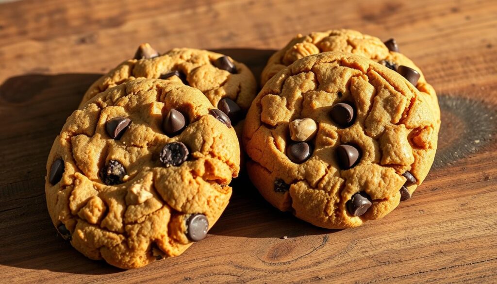 A close-up shot of four freshly baked protein cookies arranged on a rustic wooden surface. The cookies have a perfect golden-brown exterior with a soft, chewy texture. Crushed nuts and chocolate chips are evenly distributed throughout, creating an enticing visual contrast. Warm, soft lighting from the side casts gentle shadows, highlighting the intricate patterns and ridges on the cookie surfaces. The composition is balanced, with a slight depth of field blur in the background, drawing the viewer's focus to the inviting, high-quality texture of the cookies.