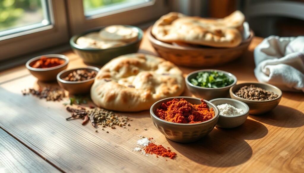 A crisp, rustic wooden table is the canvas for an array of cottage cheese flatbread flavoring options. In the foreground, artfully arranged are small bowls filled with vibrant spices, dried herbs, and aromatic seasonings - cumin, oregano, paprika, and more. The middle ground showcases freshly baked flatbreads, their golden-brown surfaces inviting touch and taste. Dappled natural light from a nearby window casts a warm glow, creating soft shadows that accentuate the textures. The background blurs softly, allowing the focus to remain on the mouth-watering ingredients and the enticing promise of customizable flatbread flavors.