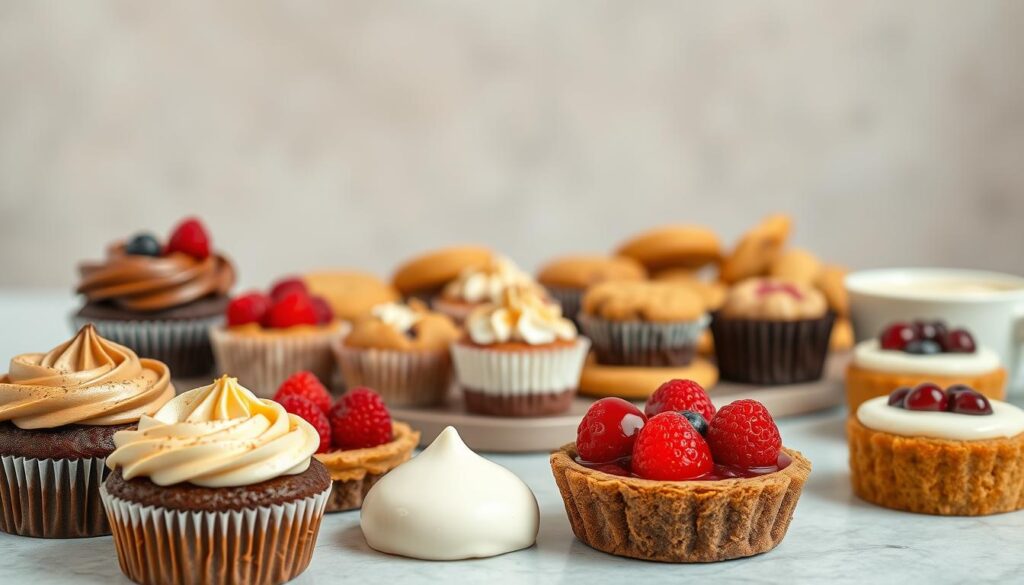 A delectable spread of tempting gluten-free and dairy-free desserts, artfully arranged against a softly blurred background. In the foreground, a mouthwatering selection of treats such as rich chocolate cupcakes with creamy frosting, decadent berry tarts with flaky crusts, and indulgent panna cotta with a vibrant fruit compote. The middle ground features a variety of baked goods, including fluffy muffins, crumbly cookies, and creamy puddings, all showcasing the diverse range of dairy-free and gluten-free options. Subtle warm lighting casts a cozy, inviting glow, while a minimalist, neutral-toned backdrop allows the desserts to take center stage. The overall scene exudes an atmosphere of indulgence and culinary delight, enticing the viewer to savor each delectable morsel.