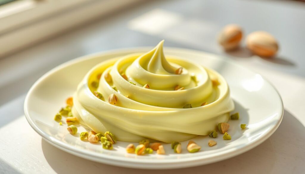 A delicate pistachio cream swirled into a creamy, dreamy serving suggestion. Freshly piped onto a crisp white plate, the lush, velvety pistachio cream is accented by a scattering of crushed pistachios, their vibrant green hues providing a textural contrast. Soft natural lighting filters in, casting a warm, inviting glow over the presentation. The simple, elegant plating allows the vibrant color and luxurious texture of the pistachio cream to shine, enticing the viewer to indulge. An artful, sophisticated serving suggestion that would elevate any dessert or baked good.