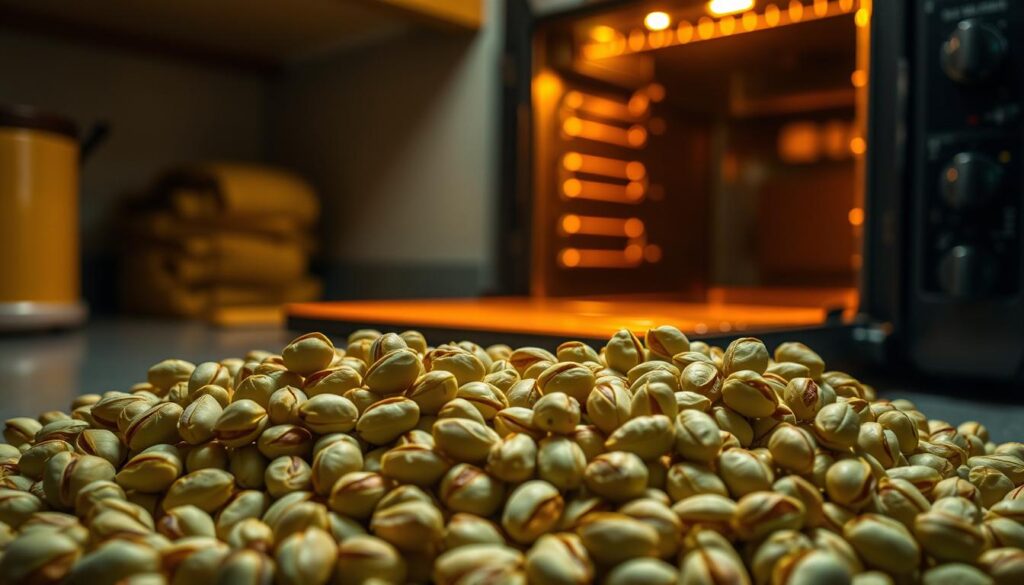 A dimly lit kitchen countertop, showcasing a pile of unroasted pistachios. The nuts appear slightly damp, their shells a pale green hue. Nearby, an oven stands open, its interior illuminated by a warm, amber glow. The air is heavy with the aroma of toasted spices, hinting at the potential flavor yet to be unlocked. The scene is bathed in a soft, diffused light, creating shadows that accentuate the uneven surfaces of the nuts. The overall mood is one of anticipation, as the viewer is drawn to the untapped potential of these undercooked pistachios, waiting to be transformed into a delicious culinary delight.
