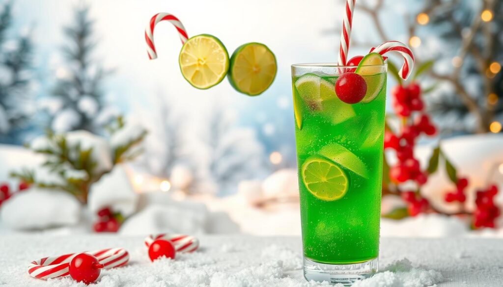 A festive, kid-friendly Grinch punch set against a bright, winter wonderland backdrop. In the foreground, a tall, clear glass filled with a vibrant green liquid, garnished with sliced limes, maraschino cherries, and candy canes. The punch has a whimsical, bubbly texture, creating an effervescent, fizzy appearance. Behind the glass, a snowy landscape with pine trees and holly berries, illuminated by a soft, warm lighting that casts a cozy, inviting glow. The scene evokes a sense of holiday cheer and playfulness, perfect for a family gathering or holiday party.