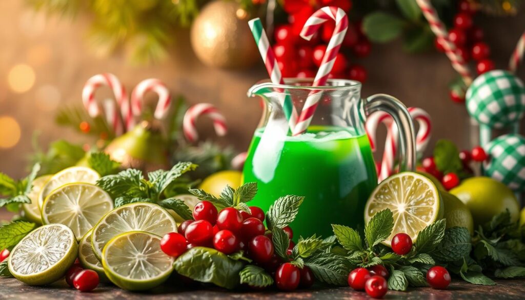 A festive still life showcasing the key ingredients and garnishes for a delightful Grinch-themed punch. In the foreground, an array of vibrant green sliced limes, crisp mint sprigs, and a handful of ruby-red pomegranate arils. The middle ground features a glass pitcher brimming with an emerald-hued beverage, garnished with a playful Grinch-inspired straw. In the background, a collection of holiday-themed accents such as striped candy canes, bright red cranberries, and a sprig of holly. The scene is illuminated by a warm, magical lighting, giving the image a cozy, inviting atmosphere perfect for a Grinch-inspired celebration.