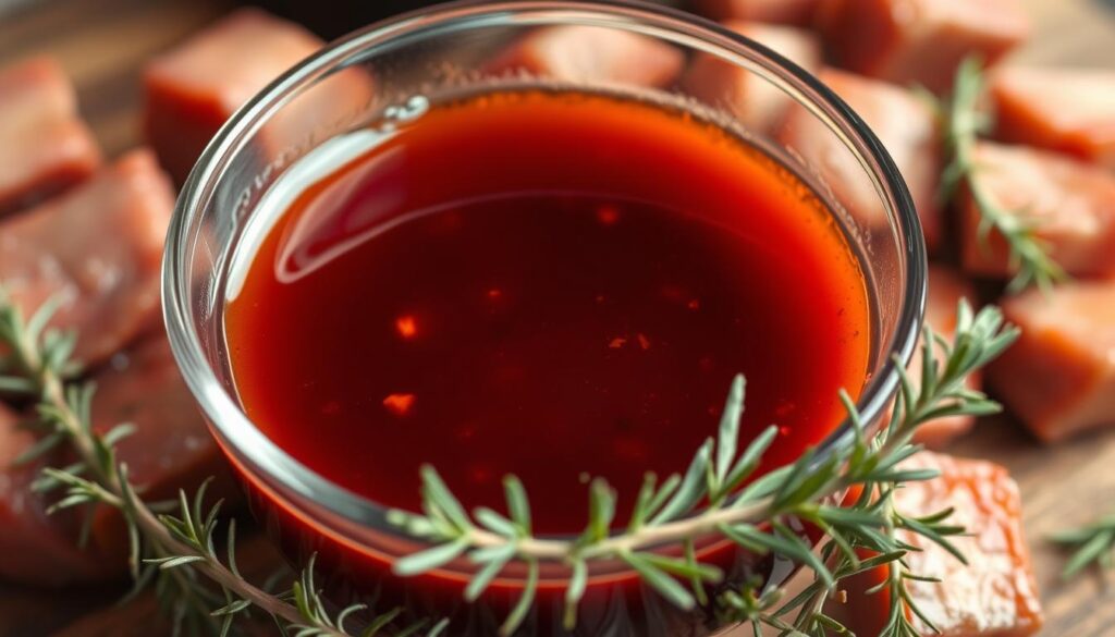 A glass bowl filled with a rich, aromatic marinade, composed of soy sauce, Worcestershire, garlic, brown sugar, and a hint of smoked paprika. The liquid glistens under soft, warm lighting, accentuating its deep burgundy hue. In the foreground, delicate sprigs of fresh thyme and rosemary add a herbaceous accent, while a backdrop of tenderized steak cubes suggests the flavorful fusion to come. The scene evokes a sense of culinary anticipation, hinting at the sumptuous, chipotle-infused steak dish waiting to be crafted.