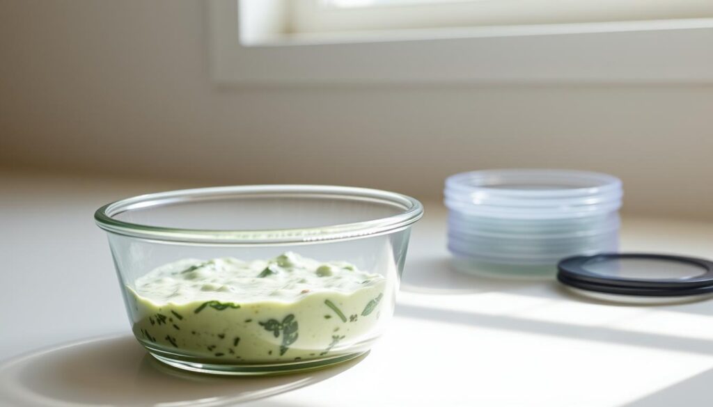 A glass container filled with creamy, fragrant spinach dip rests on a minimalist kitchen counter. Soft natural light filters through a nearby window, casting a warm glow on the contents. The dip's vibrant green hue is accented by flecks of herbs and spices. Beside the container, a set of airtight lids stands ready to seal in the dip's freshness. The clean, uncluttered background emphasizes the simplicity of storing this tasty leftover for future enjoyment.