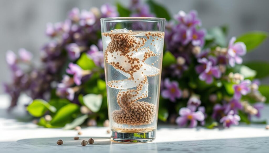 A glass filled with crystalline chia seeds suspended in a refreshing, translucent liquid, casting a gentle glow under soft, natural lighting. Behind it, a collection of freshly cut chia leaves and flowers, their vibrant green and purple hues creating a lush, botanical backdrop. The scene is captured with a shallow depth of field, drawing the viewer's focus to the captivating texture and transparency of the chia water. The overall atmosphere conveys a sense of health, vitality, and the natural goodness of this superfood infusion.