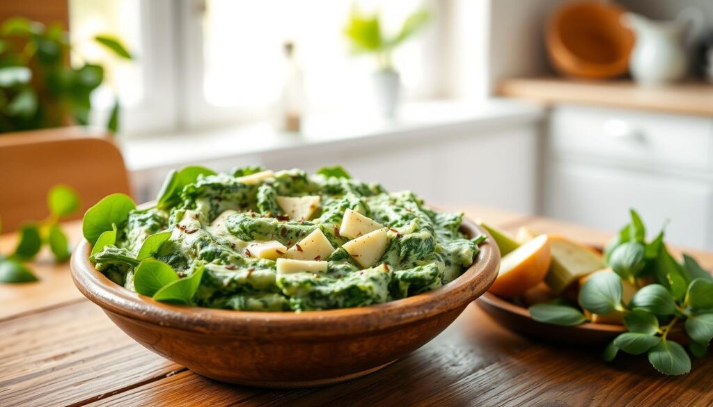 A lush, freshly made Knorr's Spinach Dip, served in a rustic ceramic bowl, resting on a wooden table. The dip is composed of vibrant green spinach, creamy cheese, and aromatic herbs, creating a visually enticing and appetizing presentation. The table is set against a soft, natural light-filled background, with hints of greenery and simple kitchen accents, conveying a homey, welcoming atmosphere. The overall scene exudes a sense of comforting, wholesome indulgence, perfectly suited to illustrate the "FAQs About Knorr's Spinach Dip" section of the "Juicing Recipes to Help You Lose Weight" article.