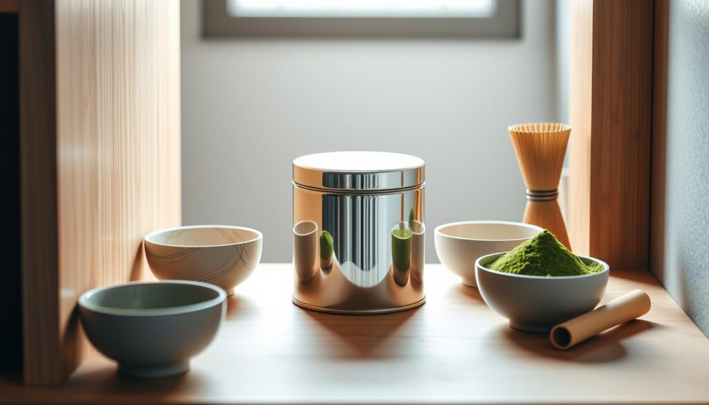 A neatly organized matcha storage setup on a minimalist wooden shelf. The matcha tin takes center stage, reflecting the warm light from a window in the background. Delicate ceramic matcha bowls and a bamboo whisk are arranged nearby, creating a serene, Japanese-inspired atmosphere. The lighting is soft and diffused, accentuating the vibrant green hue of the matcha powder. The overall composition conveys a sense of order, simplicity, and an appreciation for the ritual of preparing and storing this premium ingredient.