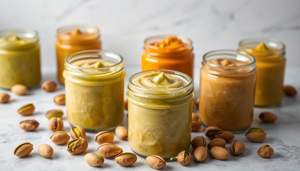 A perfectly lit studio scene showcasing delicious variations of pistachio butter. In the foreground, a selection of glass jars filled with rich, creamy pistachio butter in different hues - from pale green to deep amber. Scattered around the jars are a few whole pistachios, their shells cracked open to reveal the vibrant green nuts inside. The middle ground features a marble or wood surface, providing a clean, minimalist backdrop that allows the pistachio butter to take center stage. Carefully positioned lighting casts soft, even shadows, enhancing the texture and sheen of the pistachio butter. The overall mood is one of culinary elegance and artisanal craftsmanship, inviting the viewer to imagine the delightful flavors and uses for these unique pistachio butter variations.